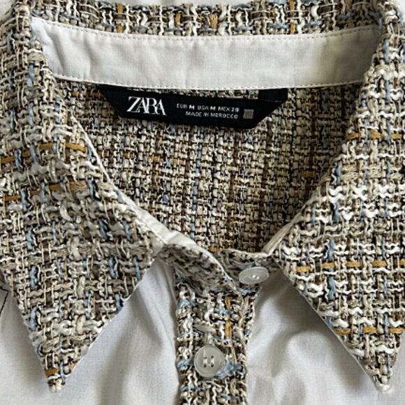 Zara White Puff Sleeve Blouse Cream Tweed Trim Contrast Button Front Shirt M - Picture 2 of 10